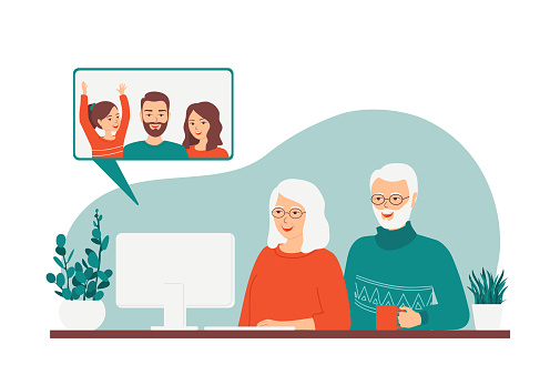 Mature gray-haired couple talking on a video call. Concept of remote communication between grandparents, retirees, elderly, age people with family online through a computer webcam. Vector illustration