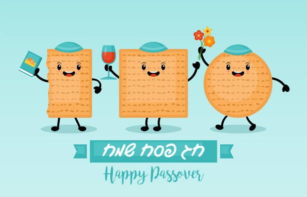 Matzo funny cartoon characters Passover holiday banner design with matzo funny cartoon characters. Vector illustration passover stock illustrations