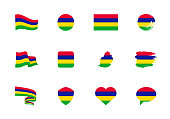 Mauritius flag - flat collection. Flags of different shaped twelve flat icons. Vector illustration set