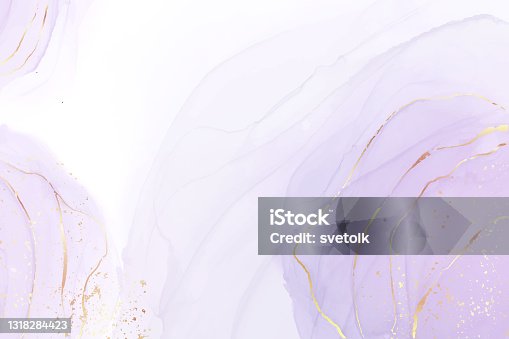 istock Mauve liquid watercolor background with golden glitter splash. Pastel violet marble alcohol ink drawing effect. Vector illustration of abstract stylish fluid art amethyst backdrop 1318284423