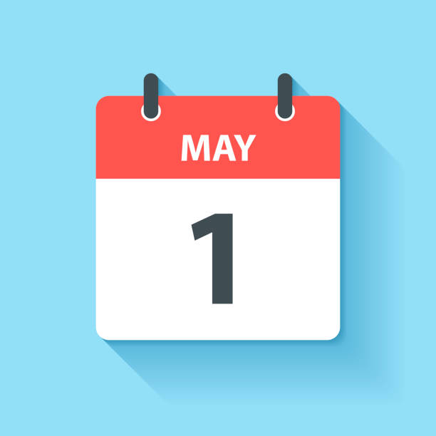 May 1. Calendar Icon with long shadow in a Flat Design style. Daily calendar isolated on blue background. Vector Illustration (EPS10, well layered and grouped). Easy to edit, manipulate, resize or colorize.