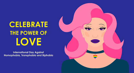 May 17 - The International Day Against Homophobia, Transphobia and Biphobia. Beautiful drag queen with pink hair and a heart shaped pendant painted in the colors of pride flag. Eps 10