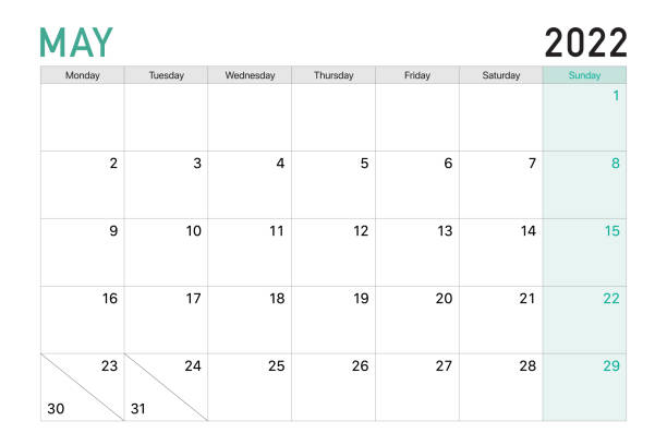 2022 May illustration vector desk calendar weeks start on Monday in light green and white theme vector art illustration