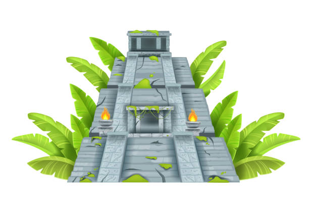 bildbanksillustrationer, clip art samt tecknat material och ikoner med maya forntida pyramid, aztec tempelruin, vektor tecknad landmärke illustration isolerad på vitt. - building a pyramid