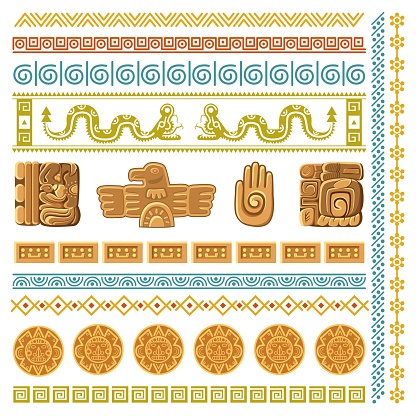 Maya civilization graphics patterns. Aztec decoration elements frames and borders, inca ancient art symbols and architecture fragments mexico traditional religion ornaments vector set