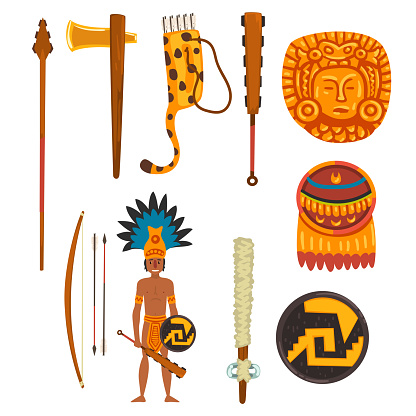 Maya civilization symbols set, ancient American tribal culture elements vector Illustration on a white background