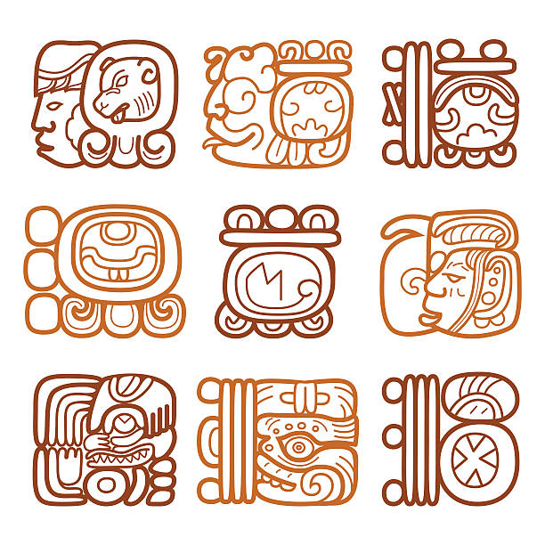 Maya glyphs, writing system and languge vector design Mayan hieroglyphic script brown design isolated on white  writing activity patterns stock illustrations