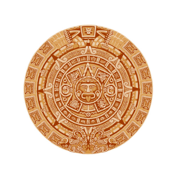 Mayan calendar vector ancient mexican round stone Mayan calendar vector ancient mexican round stone with hieroglyph symbols. Aztec culture, religion and tradition sculpture, astrological calendar with face show tongue isolated on white background aztec civilization stock illustrations