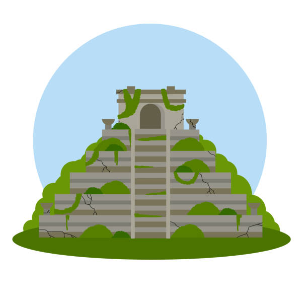stockillustraties, clipart, cartoons en iconen met maya piramide. oude amerikaanse cultuur. het bouwen in groene wildernis. een oude mysterieuze beschaving. de vlakke illustratie van het beeldverhaal. toeristische attractie van mexico. getrapte verlaten tempel - old stone stair