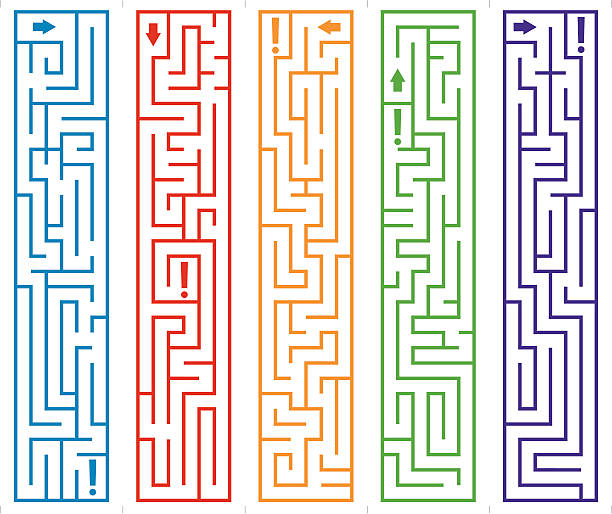 Maze Bookmarks Five different maze bookmarks in five colors, complete with crop marks. Zipped file contains black and white and color versions in letter and A4. Great for teachers, librarians, parents, and anyone who would enjoy getting lost in a bookmark. maze clipart stock illustrations