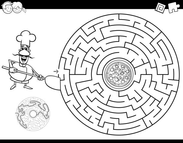 maze color book with chef and pizza Black and White Cartoon Illustration of Education Maze or Labyrinth Activity Game for Children with Chef and Pizza Coloring Book coloring book pages templates stock illustrations