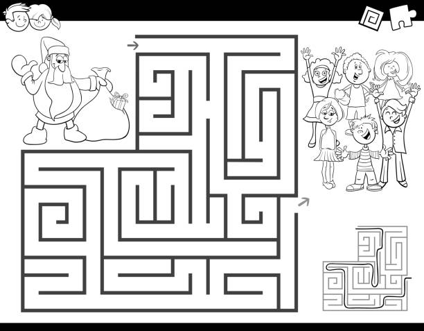 maze color book with Santa Claus Black and White Cartoon Illustration of Education Maze or Labyrinth Activity Game for Children with Santa Claus Coloring Book coloring book pages templates stock illustrations