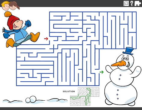 maze educational game with boy and snowman