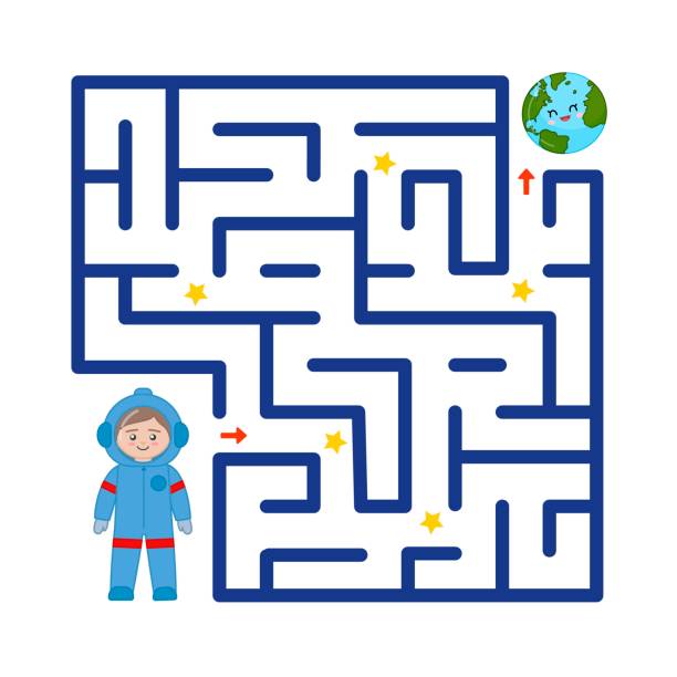 Maze game for children. Maze game for children. Help the astronaut to get to Earth. maze stock illustrations