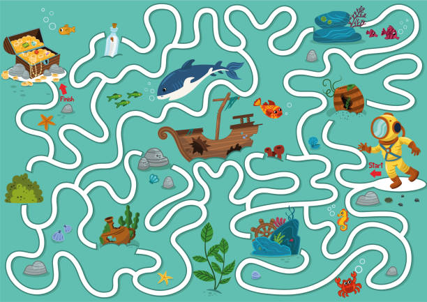 Maze game for kids Help the diver to rich the treasure chest. Maze game for kids. Vector illustration. adventure backgrounds stock illustrations