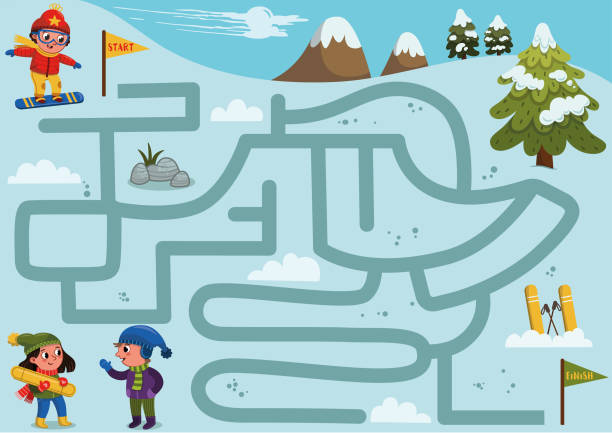 Maze game for kids with winter theme. Help the boy to find a correct way down the hill to meet friends. Labyrinth game for kids. Vector illustration. maze clipart stock illustrations