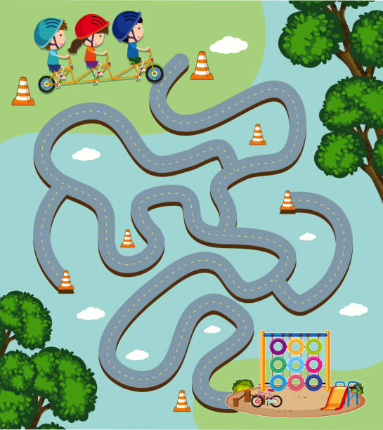 Maze game template with kids riding bike Maze game template with kids riding bike illustration maze clipart stock illustrations