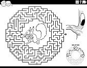 Black and white cartoon illustration of educational maze puzzle game for children with squirrel animal character with accorns and hollow coloring book page