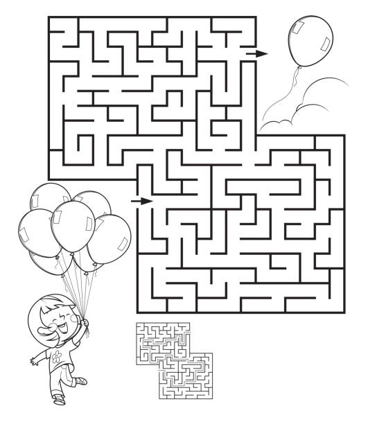 Maze, Girl with balloon Vector Maze, Girl with balloon maze clipart stock illustrations