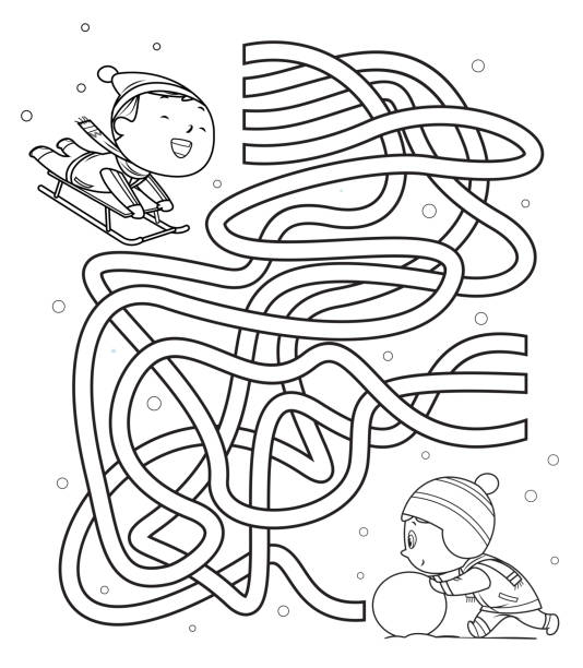 Maze, kids sliding and making snowmen Vector Maze, kids sliding and making snowmen christmas coloring stock illustrations