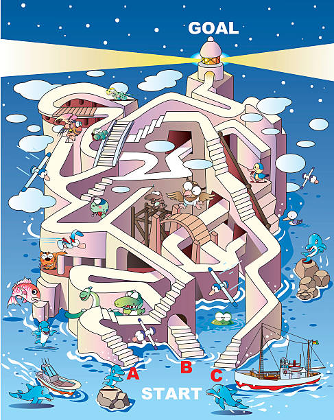 stockillustraties, clipart, cartoons en iconen met maze of lighthouse with animals - dinosaur trees