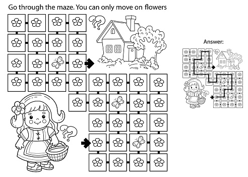 Maze or Labyrinth Game. Puzzle. Coloring Page Outline Of cartoon cute girl with basket walking home along the path. Little red riding hood. Fairy tale. Coloring book for kids.