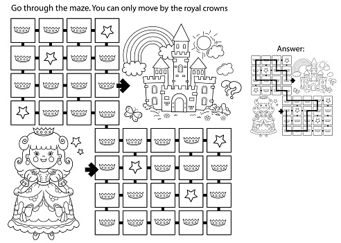 Maze or Labyrinth Game. Puzzle. Coloring Page Outline Of cartoon lovely princess. Beautiful young queen. Royal castle or palace. Fairy tale. Coloring book for kids.