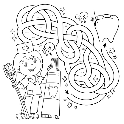Maze or Labyrinth Game. Puzzle. Tangled road. Coloring Page Outline Of cartoon doctor with toothbrush and toothpaste. Coloring book for kids.