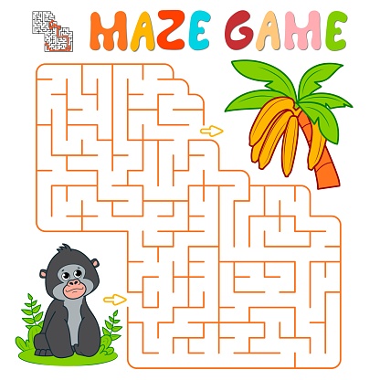 Maze puzzle game for children. Maze or labyrinth game with gorilla. Monkey and bananas