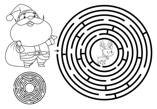 Maze, Winter maze for children. Preschool Christmas activity. New Year puzzle game with reindeer and Santa Claus. Help the deer get to Santa Vector Maze, Winter maze for children. Preschool Christmas activity. New Year puzzle game with reindeer and Santa Claus. Help the deer get to Santa christmas coloring stock illustrations