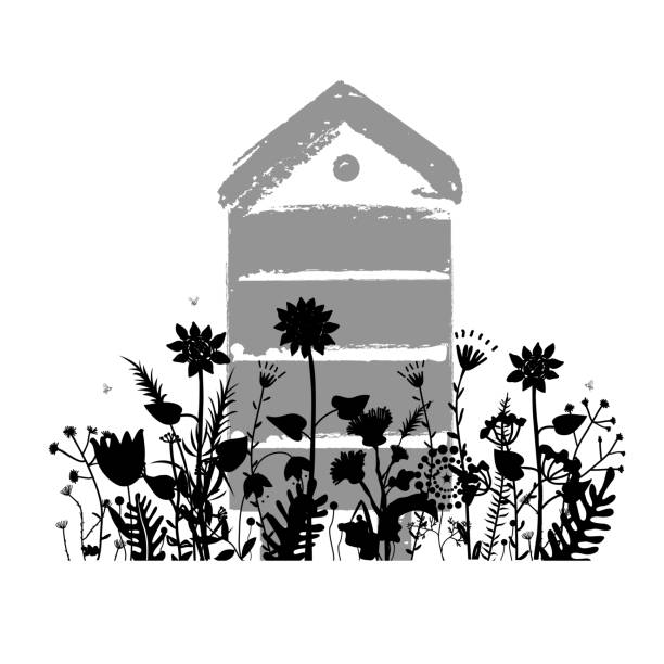 Meadow flowers silhouettes with beehive in summer. Apiary concept. Vector illustration. Meadow flowers silhouettes with beehive in summer. Apiary concept. Vector illustration. A lot of various field flowers and busy bees bee silhouettes stock illustrations