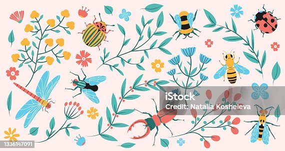 istock Meadow insects and floral branches trendy flat illustration. 1336147091
