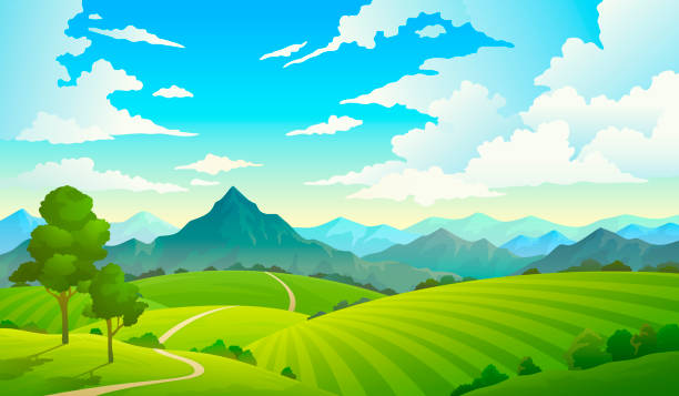 Meadows with mountains. Landscape hill field mountain land sky wild nature grass forest countryside tree. Summer land Meadows with mountains. Landscape hill field mountain land sky wild nature grass forest countryside tree. Summer vector land nature path stock illustrations
