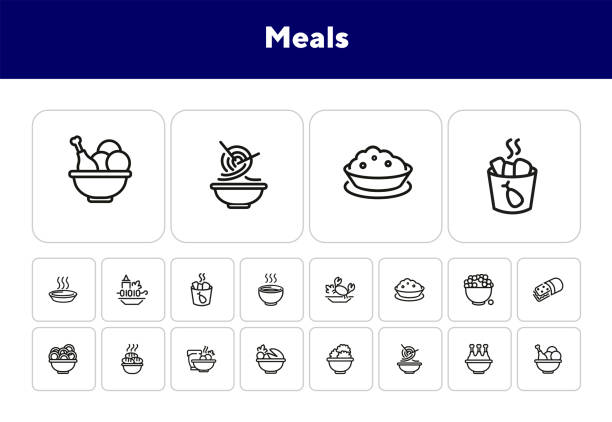 ilustraciones, imágenes clip art, dibujos animados e iconos de stock de conjunto de iconos de línea de comidas - roe