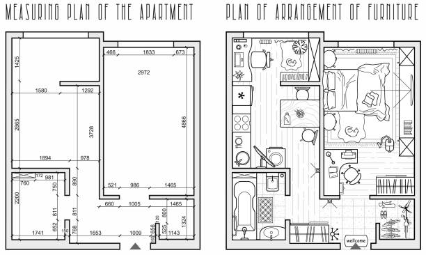 Measuring plan of apartment and floor plan of arrangement of furniture (view from above). Vector interior house in top view. Vector blueprint Architectural measuring plan of apartment and floor plan of arrangement of furniture (view from above). Vector bed furniture backgrounds stock illustrations