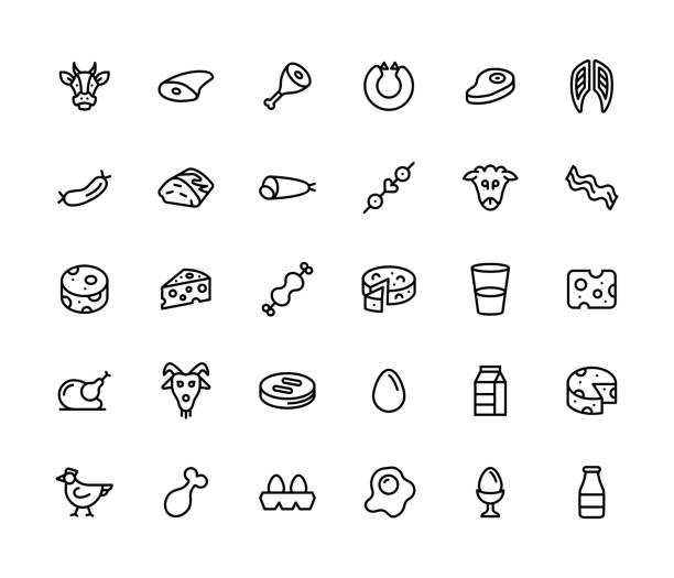 Meat and Dairy Foods Icon Set 30 Meat and Dairy Foods Icons - Line Series cheese icons stock illustrations