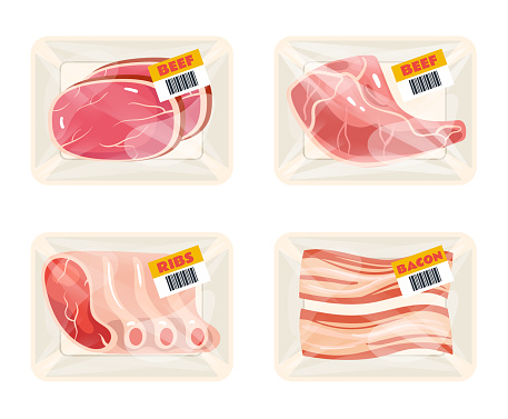 Meat chicken pork slice packing in plastic trays isolated set. Vector flat graphic design cartoon illustration