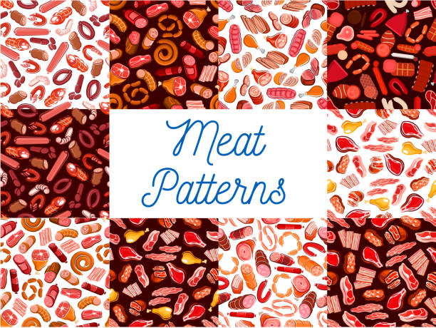 Meat delicatessen, sausages seamless patterns Meat patterns set. Vector pattern of meat delicatessen products, sausages, ham, bacon, beefsteak, schnitzel and salami, pepperoni and wurst, meatloaf, jamon. Butcher shop decoration background meat loaf stock illustrations