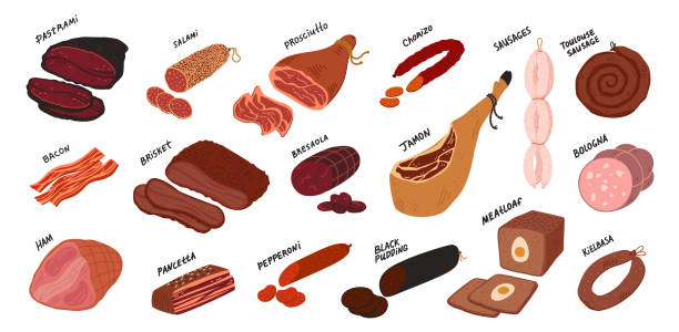 stockillustraties, clipart, cartoons en iconen met vlees delicatessen set. worsten en vleesdeli delicatessen van over de hele wereld - chorizo