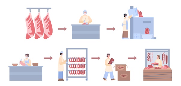 Meat factory for processing from raw beef to ready food a vector infographics.