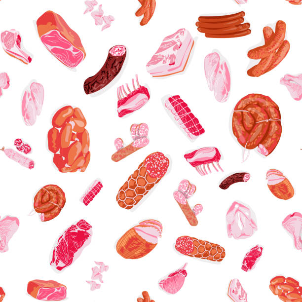 Meat products seamless pattern Meat products seamless pattern. Fresh raw meat slices, sausages, ham repeating print. Butchery shop, farm market or processing plant design vector illustration meat loaf stock illustrations