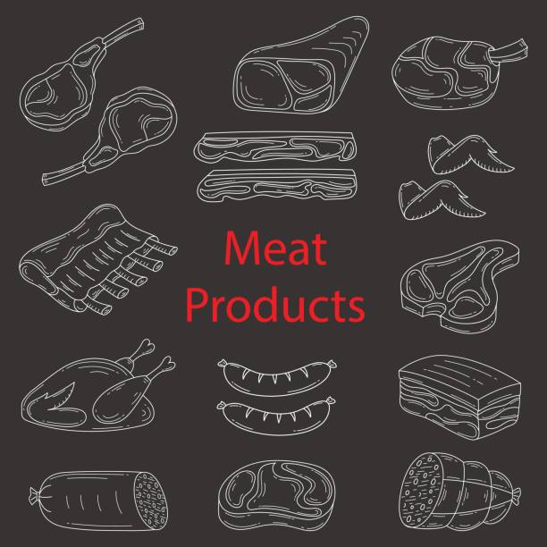 Meat products vector sketch illustration Meat products vector sketch illustration, beef steak, lamb chop, pork, roast chicken, bacon, chicken wings, ribs and sausages, isolated on chalkboard background, doodle style. meat loaf stock illustrations