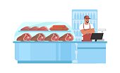 istock Meat store, farm food market. Supermarket, grocery store meat section. Butchers shop, vector illustration. 1344423323