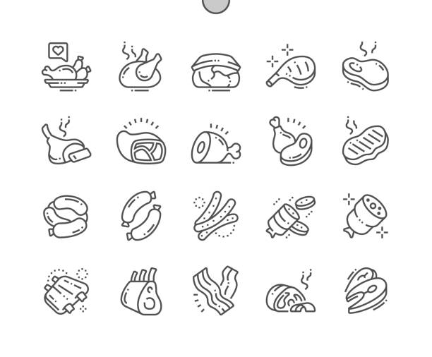 illustrations, cliparts, dessins animés et icônes de viande bien conçu pixel perfect vector thin line icons 30 2x grille pour les graphiques web et les applications. pictogramme minimal simple - fromager