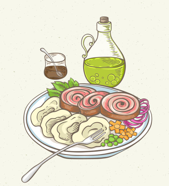 ilustraciones, imágenes clip art, dibujos animados e iconos de stock de pan de carne, aceite de oliva y guarnición - meatloaf