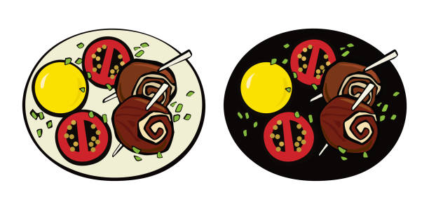 meatloaf na drewnianym szpikulcu, ziemniakach i tomates. pop-art. styl retro. ilustracja wektorowa - meatloaf stock illustrations