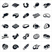An icon set of different meats and seafood. The icons include beef, steak, ribs, chicken, meat, bacon, turkey, hamburger, pork, ham, hotdog, sausage, kabob, lamb, shrimp, lobster, fish, salmon, clams, oysters, crab, sushi, scallops and escargot.