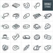 A set of meats and seafood icons that include editable strokes or outlines using the EPS vector file. The icons include a steak, ribs, shrimp, chicken, fish, salmon, pepperoni, bacon, lobster, turkey, beef, ground beef, pork chop, crab, ham, sushi, sausage, hot dogs, clams, oysters, hamburgers, scallops, escargot, shish kabob and lamb.