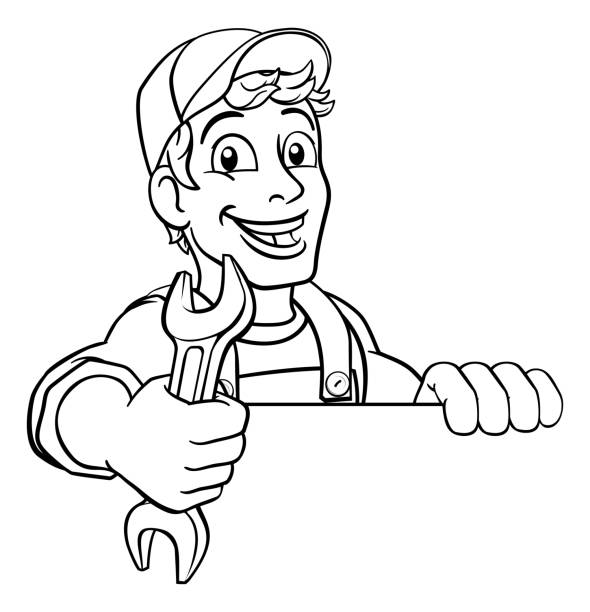 Mechanic Plumber Wrench Spanner Cartoon Handyman Mechanic plumber maintenance handyman cartoon mascot man holding a wrench or spanner. Peeking over a sign mechanic clipart stock illustrations