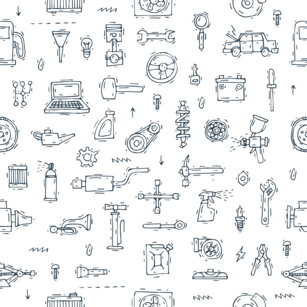Mechanic. Seamless pattern. Mechanic. Seamless pattern. Auto engine repair elements. Suspension, painting, polishing. Car service. Hand drawn vintage style. Banners. Flat design vector illustration. mechanic backgrounds stock illustrations